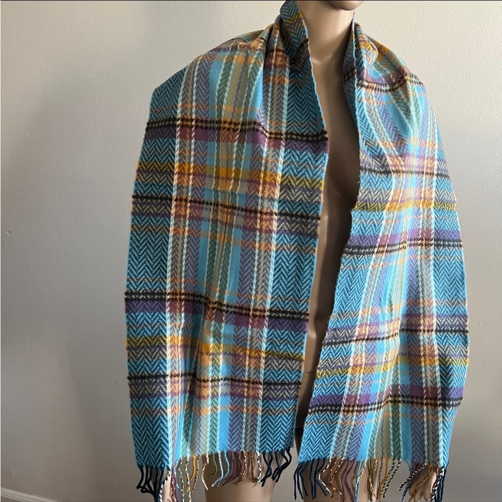 100% Cashmere Scarf Blue Multicolored Winter Made in Scotland - Picture 5 of 8